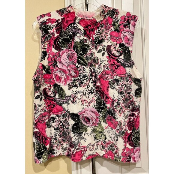 ST. JOHN by Marie Gray 100% CASHMERE PINK Floral SLEEVELESS TOP SIZE Large Tank - Picture 2 of 11